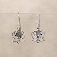 Sterling Lotus Flower Earrings with Labradorite Teardrops