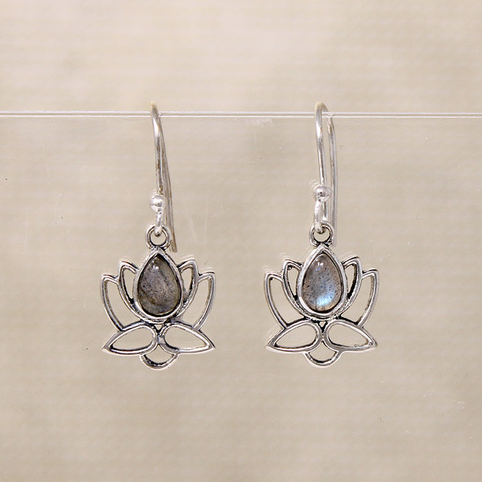 Sterling Lotus Flower Earrings with Labradorite Teardrops