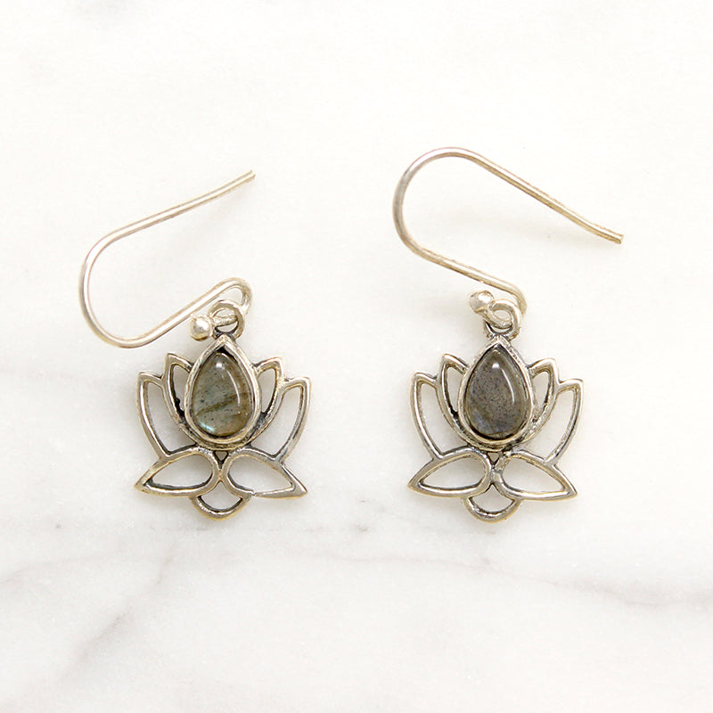 Sterling Lotus Flower Earrings with Labradorite Teardrops