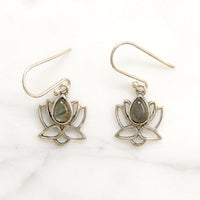 Sterling Lotus Flower Earrings with Labradorite Teardrops