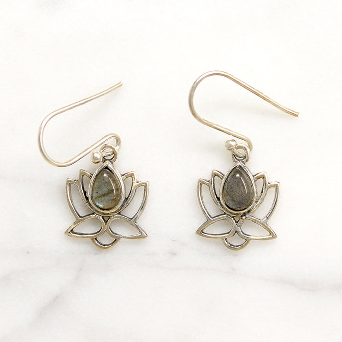 Sterling Lotus Flower Earrings with Labradorite Teardrops
