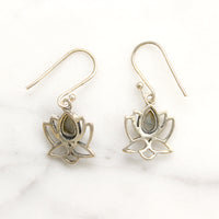 Sterling Lotus Flower Earrings with Labradorite Teardrops