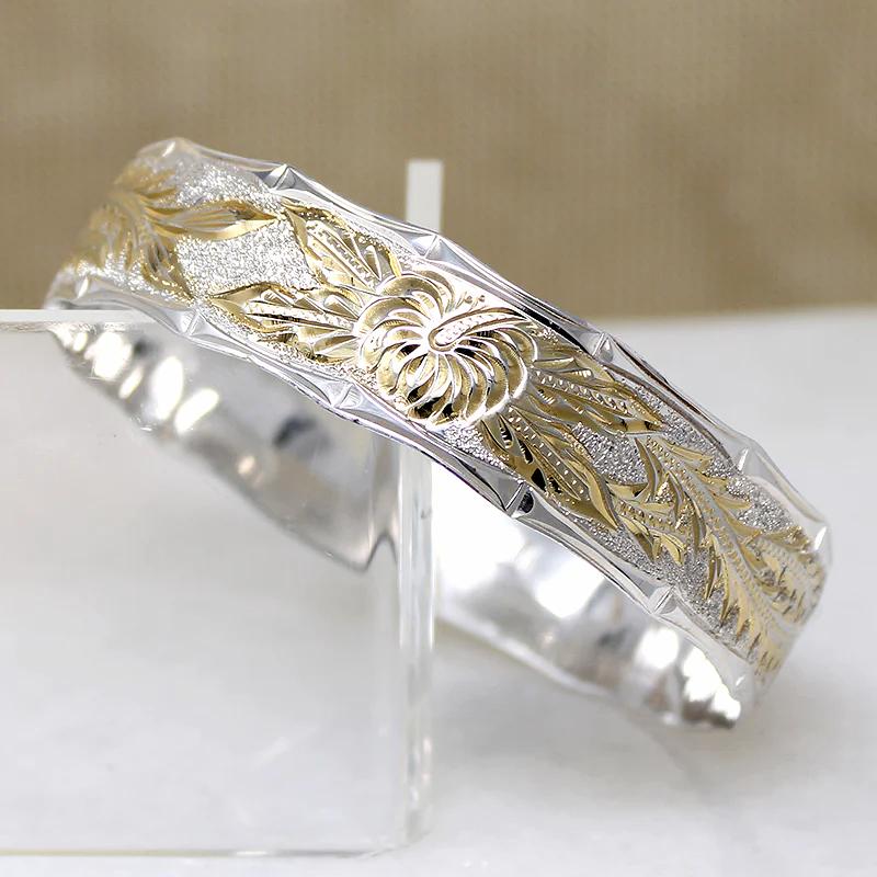 Wide Gold & Silver Engraved Anthurium Flower Bangle