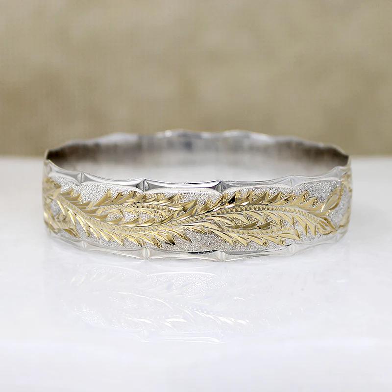 Wide Gold & Silver Engraved Anthurium Flower Bangle