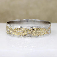 Wide Gold & Silver Engraved Anthurium Flower Bangle