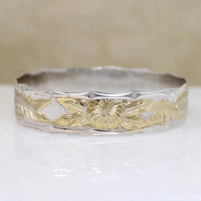 Wide Gold & Silver Engraved Anthurium Flower Bangle