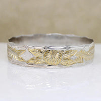Wide Gold & Silver Engraved Anthurium Flower Bangle