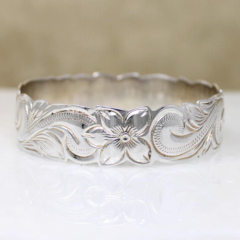 Wide Sterling Bangle with Hawaiian Pua Kala Flowers