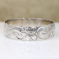 Wide Sterling Bangle with Hawaiian Pua Kala Flowers