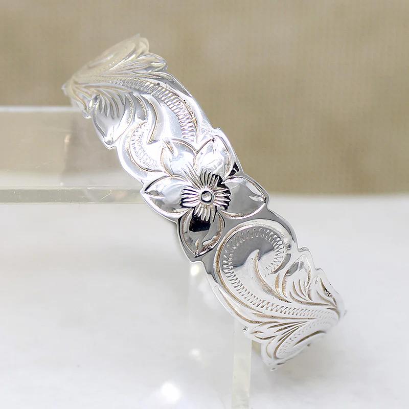 Wide Sterling Bangle with Hawaiian Pua Kala Flowers