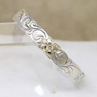 Engraved Hawaiian Pua Kala Flower Sterling Bangle with Patina
