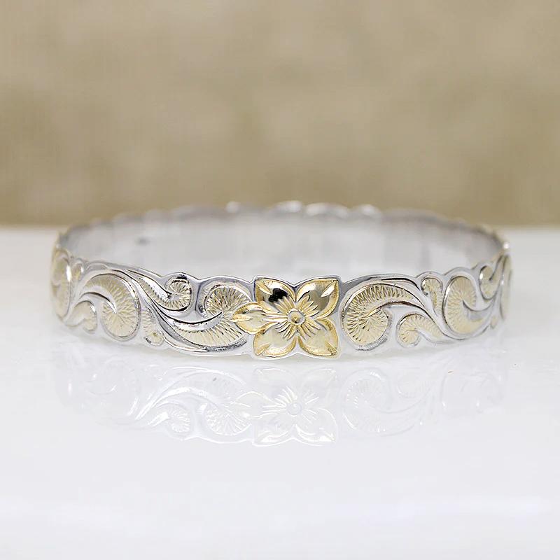 Engraved Hawaiian Pua Kala Flower Sterling Bangle with Patina