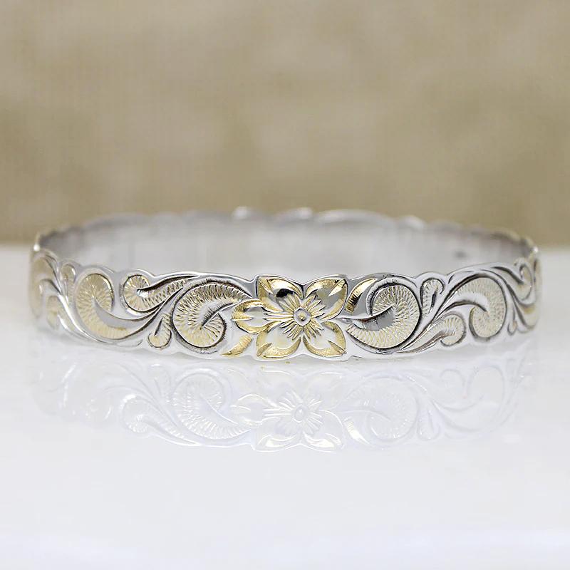 Engraved Hawaiian Pua Kala Flower Sterling Bangle with Patina