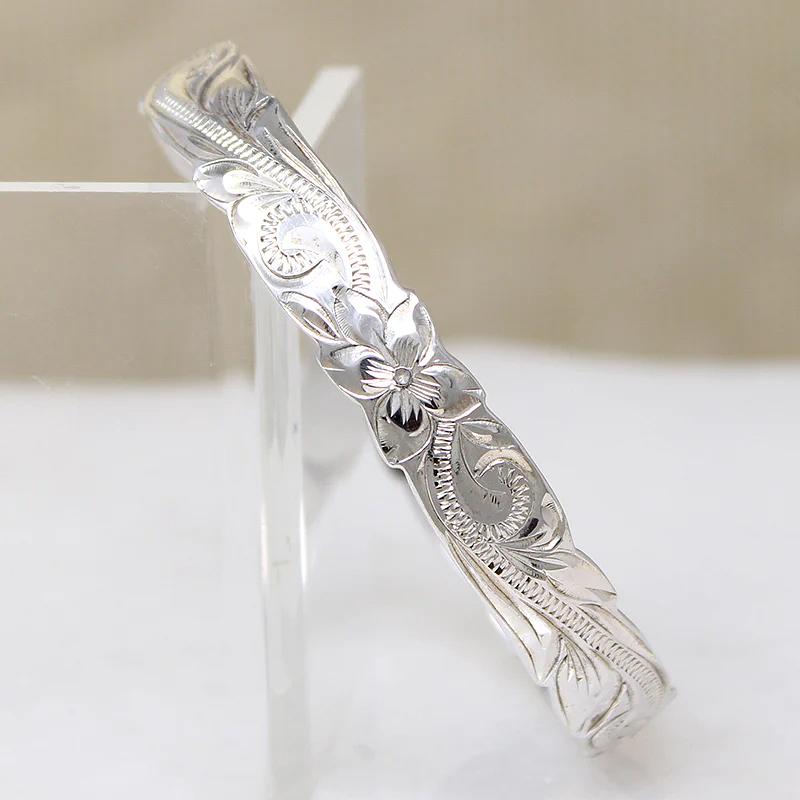 Sterling Bangle Engraved with Hawaiian Pua Kala Flowers 