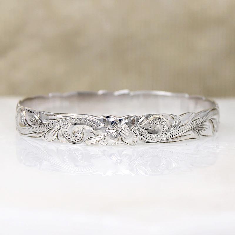 Sterling Bangle Engraved with Hawaiian Pua Kala Flowers 