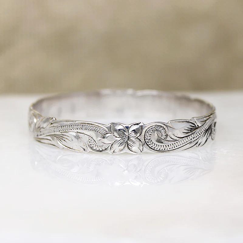 Sterling Bangle Engraved with Hawaiian Pua Kala Flowers 