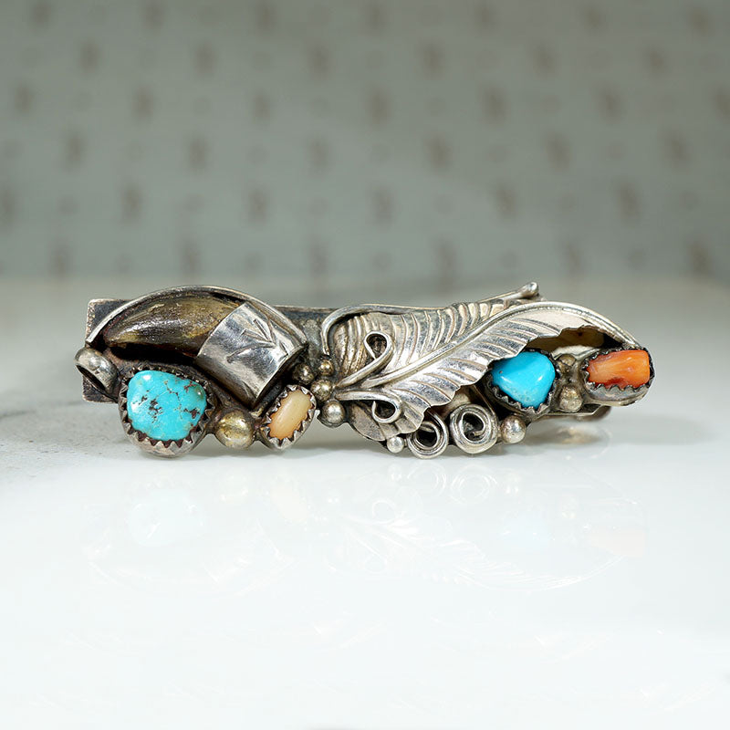 Turquoise, Coral & Bear Claw on Sterling Clip