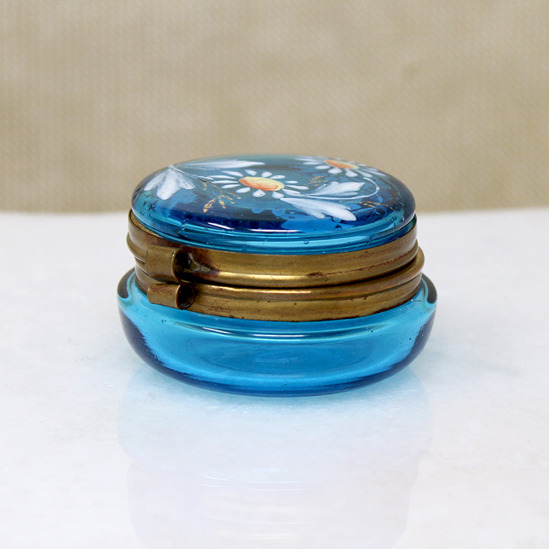 Bright Blue Bohemian Glass Patch Box with Daisies