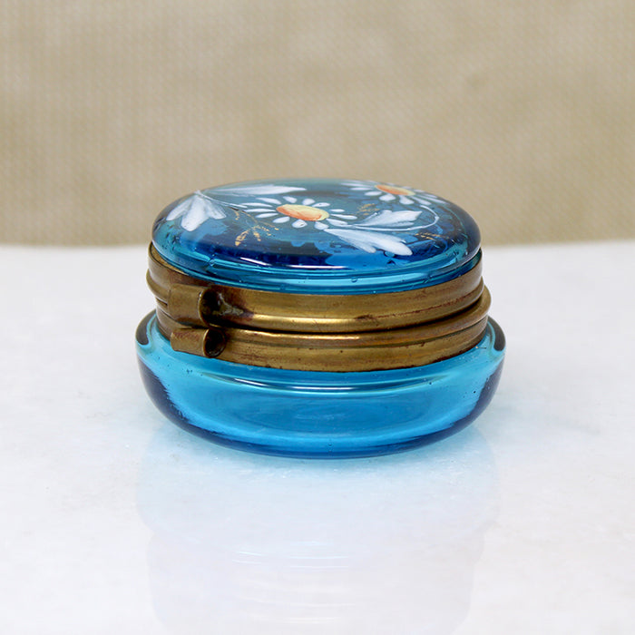 Bright Blue Bohemian Glass Patch Box with Daisies