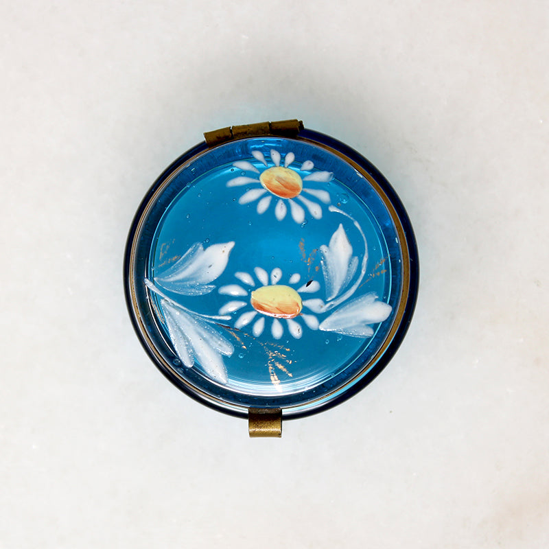 Bright Blue Bohemian Glass Patch Box with Daisies