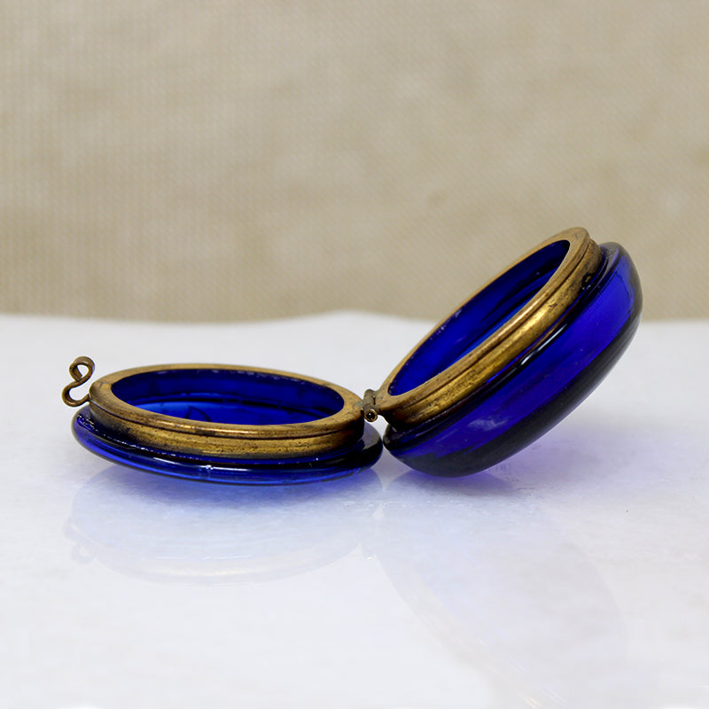 Cobalt Blue Glass Patch Box Enameled with Wildflowers