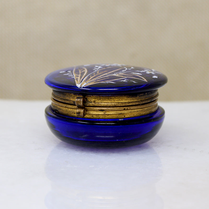 Cobalt Blue Glass Patch Box Enameled with Wildflowers