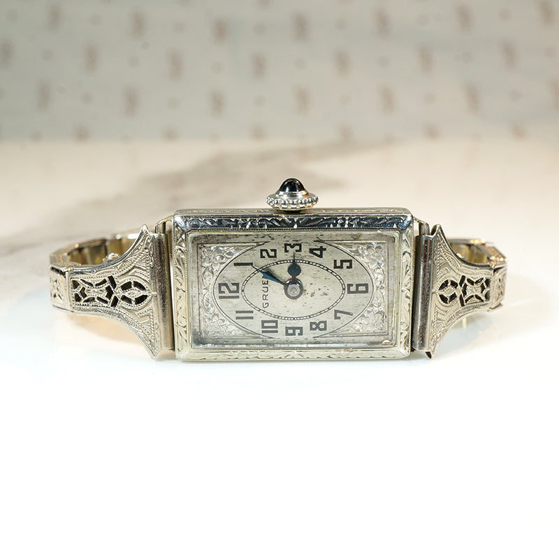 Ornate Ladies' Gruen Watch with Deco Details in White Gold