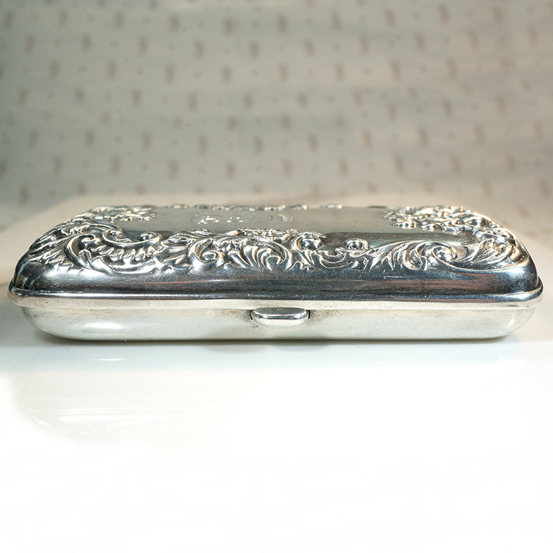 sterling silver antique cigarette case F. BUSHELL Charming Repouss Sterling Cigarette Case