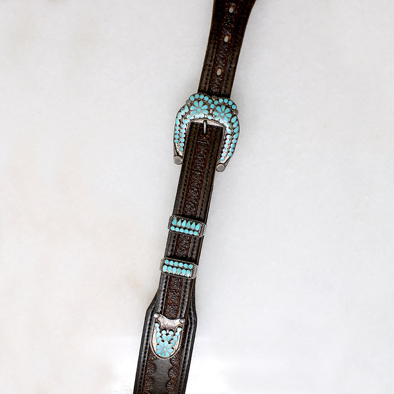 Handsome Tooled Leather Belt with Turquoise Inlay Hardware