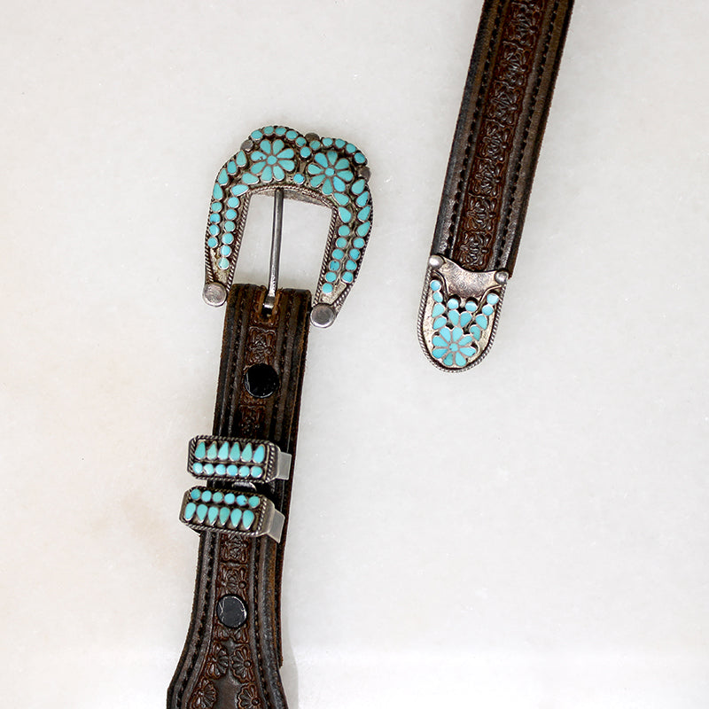 Handsome Tooled Leather Belt with Turquoise Inlay Hardware