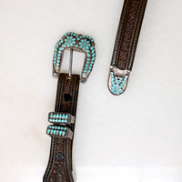 Handsome Tooled Leather Belt with Turquoise Inlay Hardware