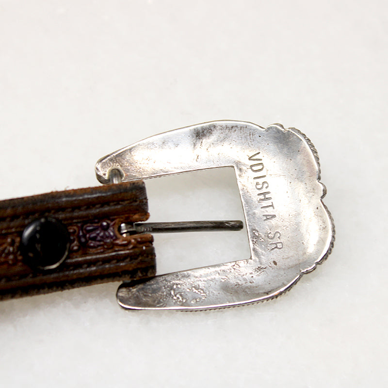 Handsome Tooled Leather Belt with Turquoise Inlay Hardware