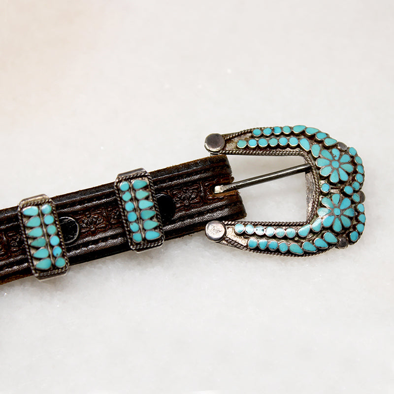 Handsome Tooled Leather Belt with Turquoise Inlay Hardware