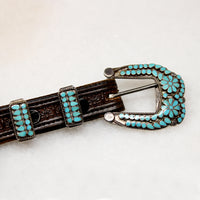 Handsome Tooled Leather Belt with Turquoise Inlay Hardware