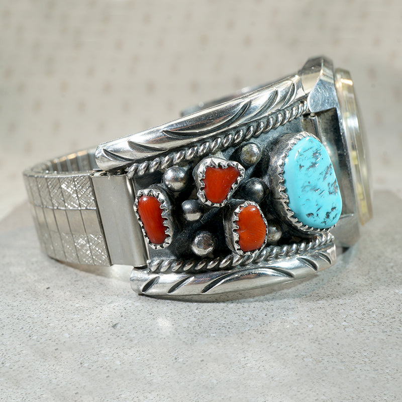 Navajo Sterling Silver Turquoise Coral Women\'s Seiko Watch Cuff Signed Vintage Navajo Sterling Silver Turquoise Coral Women\ main image 3
