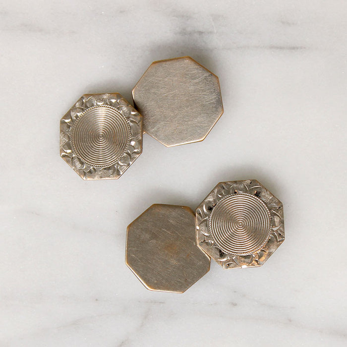 Hexagonal Cufflinks in Engraved 10k Gold