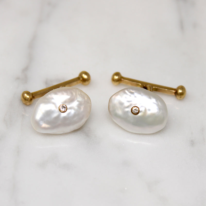 Opulent Baroque Pearl Cufflink & Stud Set with Diamond Accents