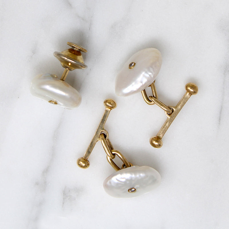Opulent Baroque Pearl Cufflink & Stud Set with Diamond Accents
