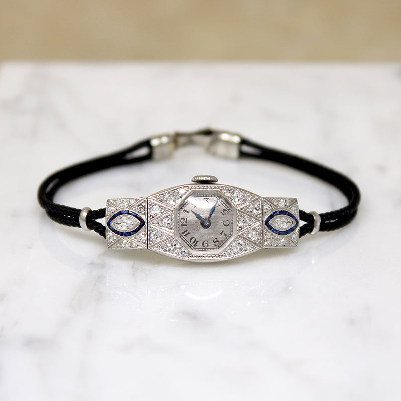 Movado Diamond Encrusted Platinum Art Deco Watch