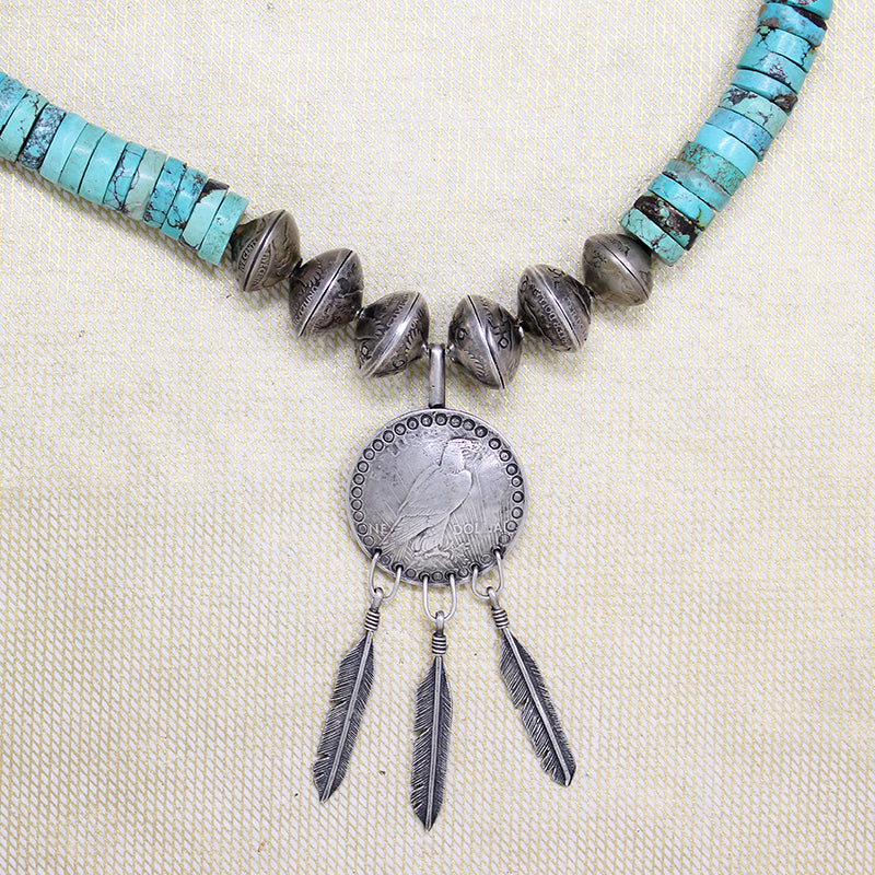 Silver Coin & Turquoise Heishi Beads with Eagle Pendant