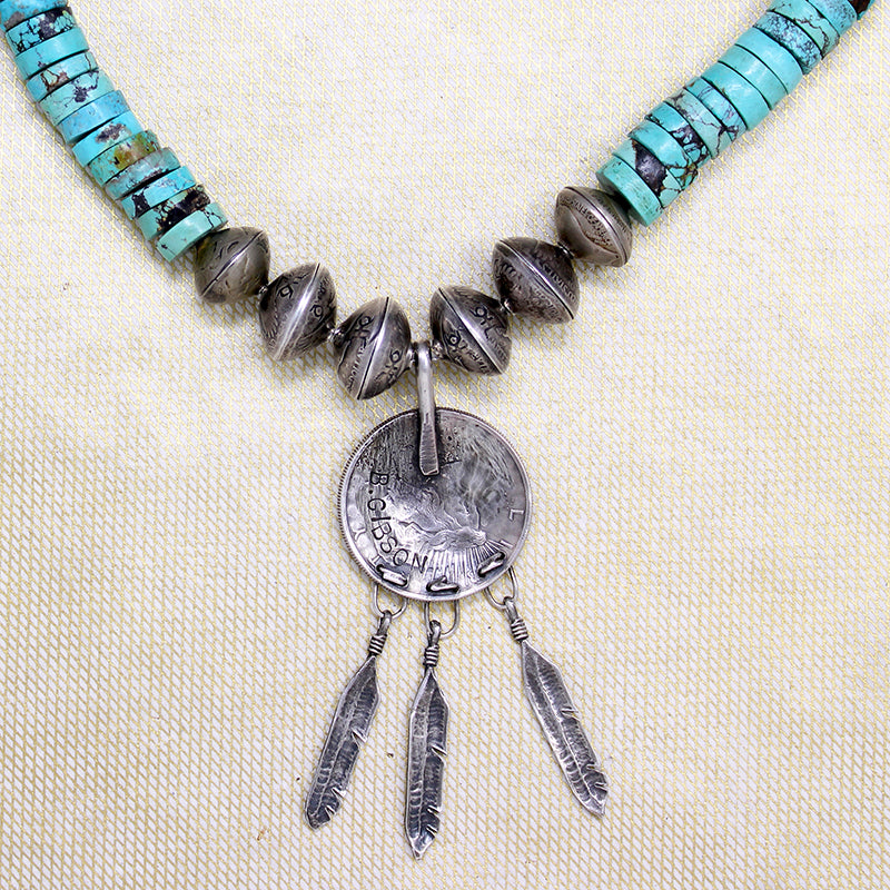 Silver Coin & Turquoise Heishi Beads with Eagle Pendant