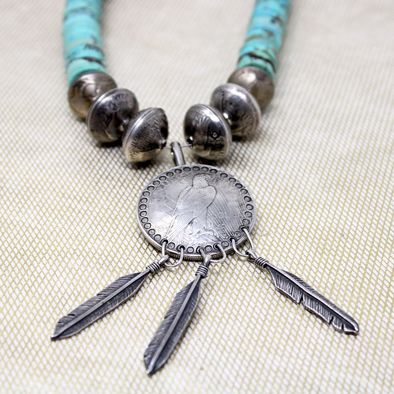 Silver Coin & Turquoise Heishi Beads with Eagle Pendant