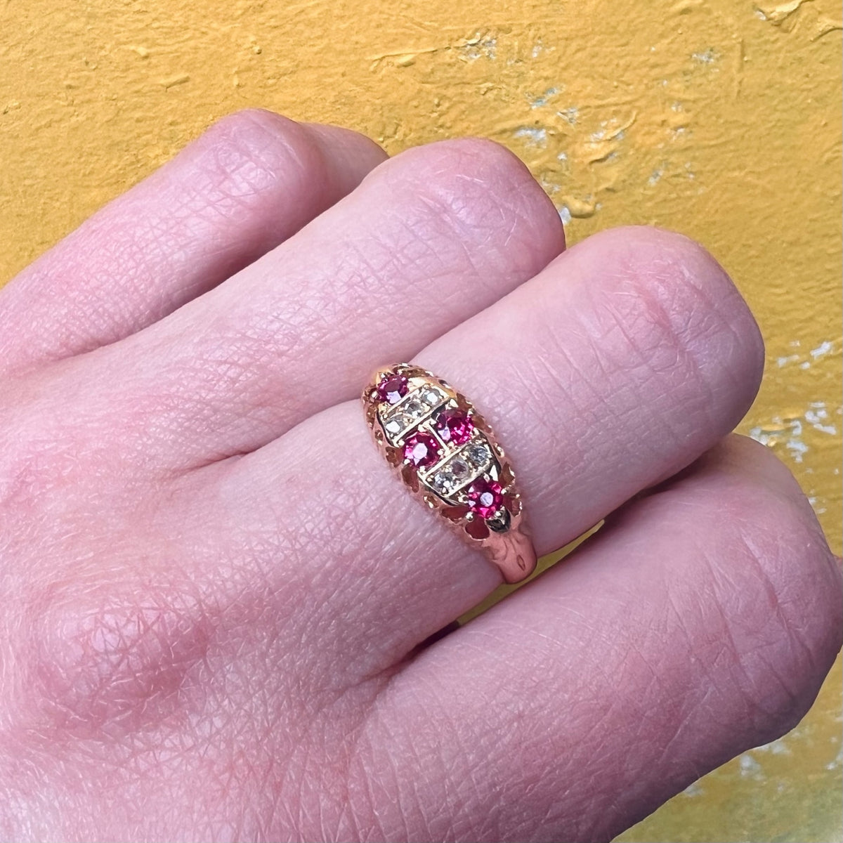 English 18ct Belcher Band with Rubies & Rose Cuts