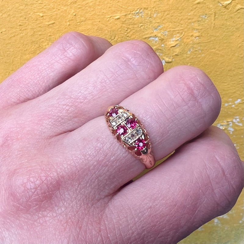 English 18ct Belcher Band with Rubies & Rose Cuts
