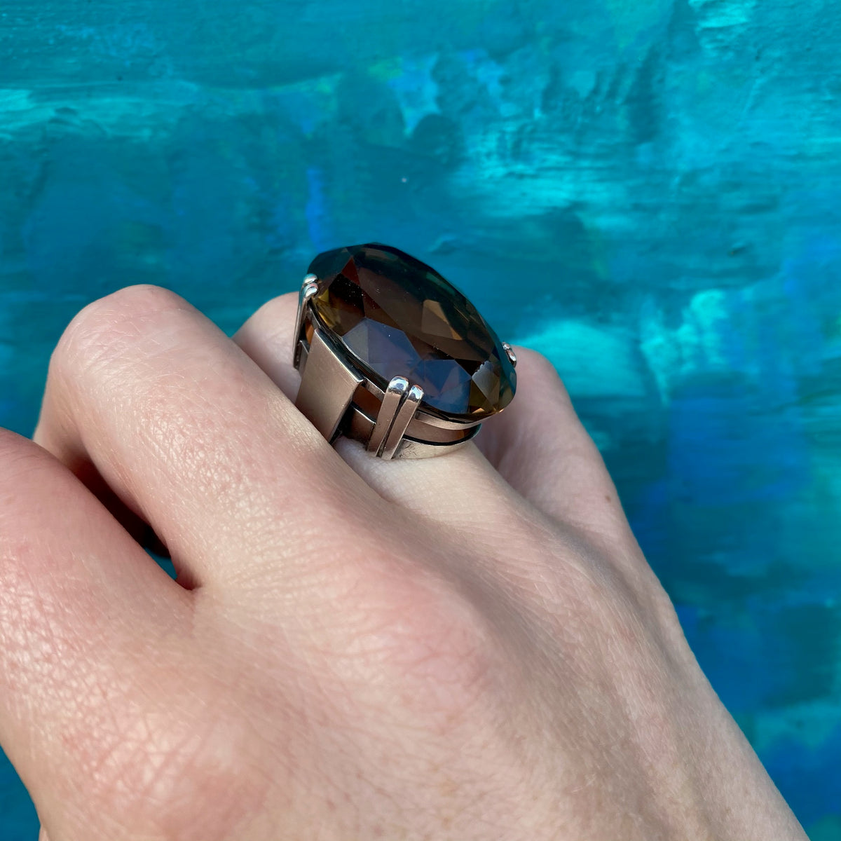 Mid Century Modern Silver and Quartz Statement Ring