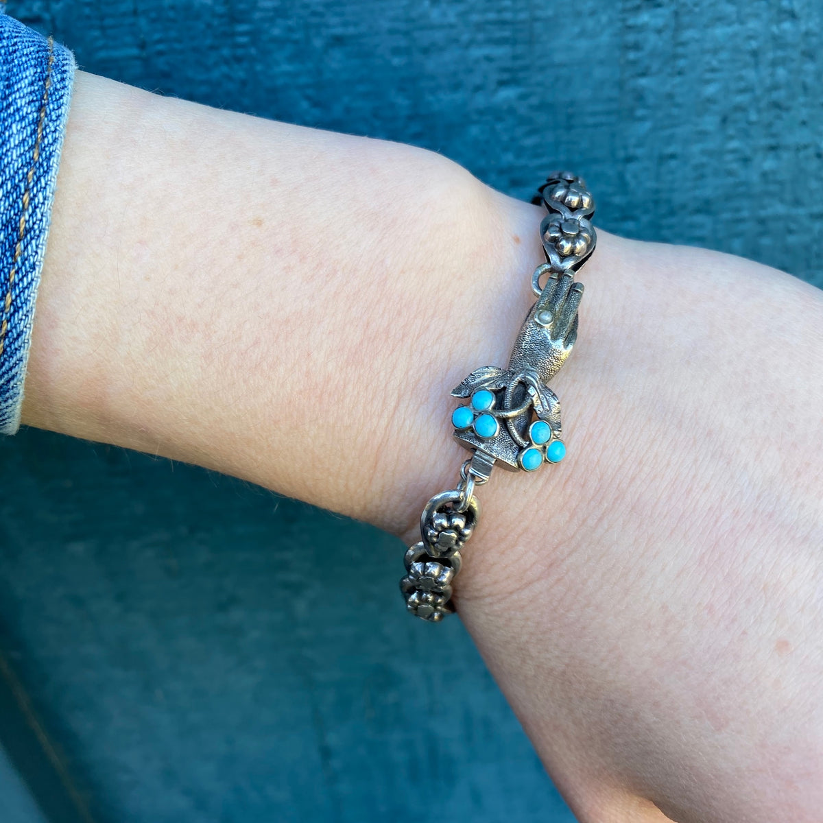Bejeweled 19th Century Silver Hand Clasp Bracelet