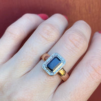 Inky Blue Sapphire Halo Ring with a Past