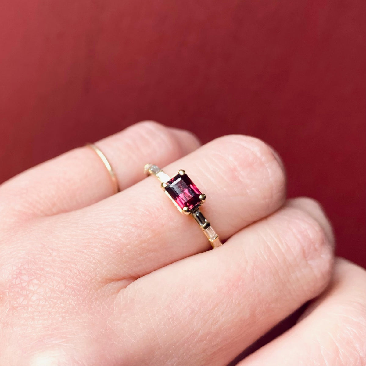 Red Spinel and Baguette Diamond Engagement Ring