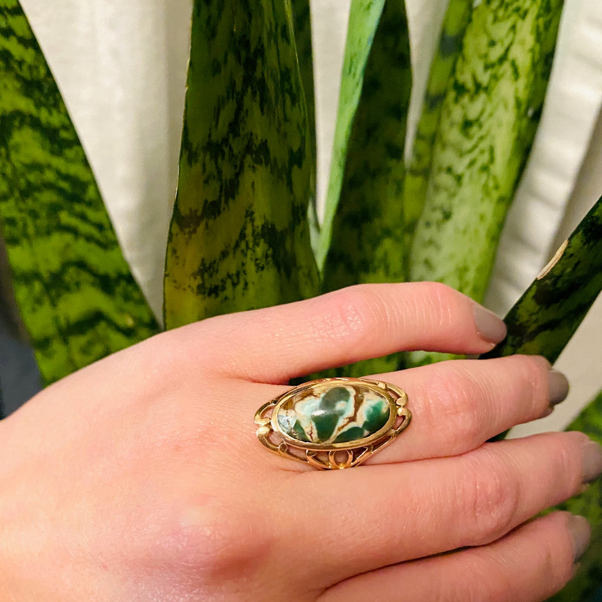 Incredible Green Agate in Arts & Crafts Ring