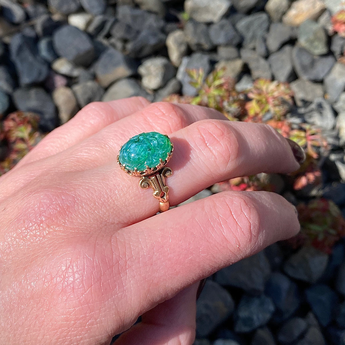 Pâte de Verre Scarab Ring in Gothic Revival Setting